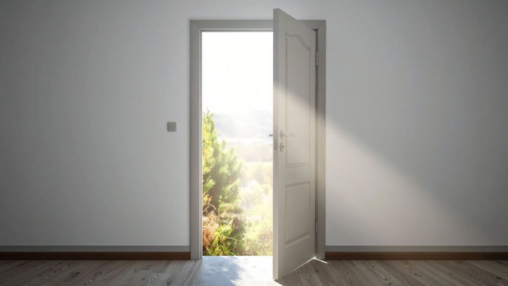 room door open showing sunlight and green pastures on other side